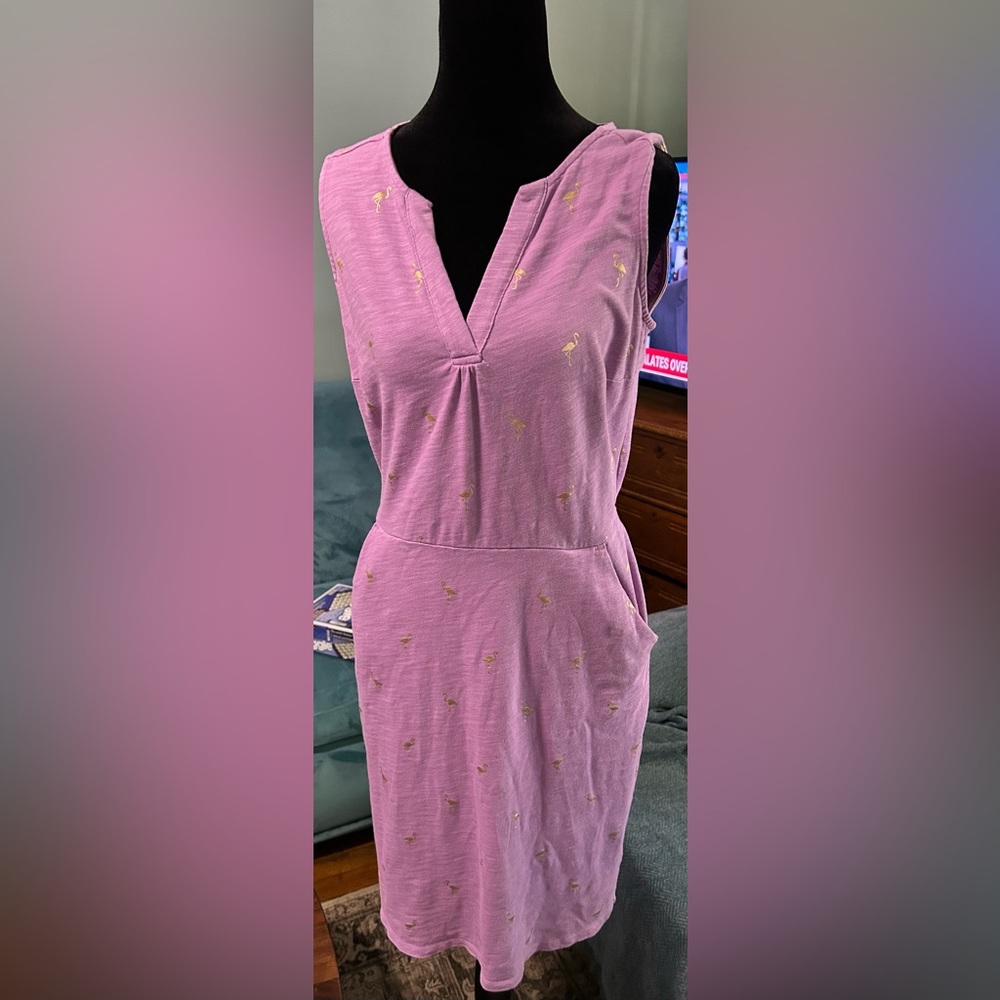 Boden Purple Dress with Gold Flamingo Print